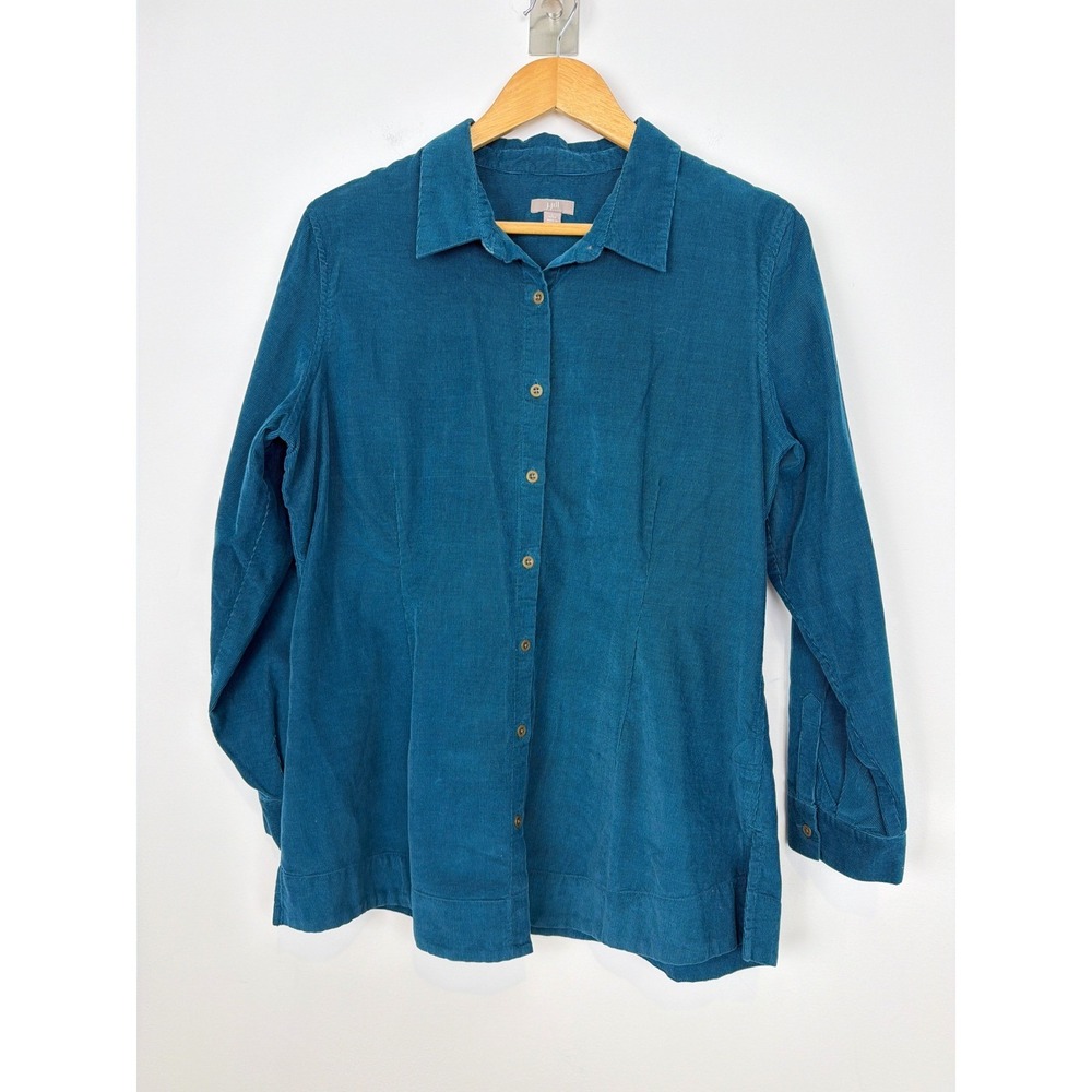 J. Jill Cotton Corduroy Shirt L Petite Teal Blue Button Down Long Sleeve Cozy
